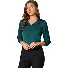 Allegra K Women's Casual Dressy Office Blouses 3/4 Sleeve V Neck Satin Shirt in Kuwait