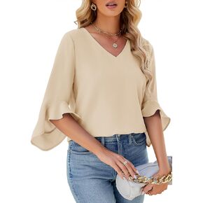 Qirno Chiffon Blouses for Women Ruffle 3/4 Sleeve Dressy V Neck Casual Flowy Tunic Tops