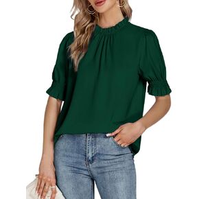 LYANER Women's Frill Mock Neck Pletaed Puff Short Sleeve Chiffon Blouse Shirt Top