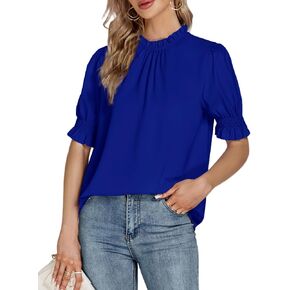 LYANER Women's Frill Mock Neck Pletaed Puff Short Sleeve Chiffon Blouse Shirt Top