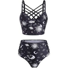 JMSUN Summer Women's Sun Star Moon Lattice High Waisted Tankini Swimsuit