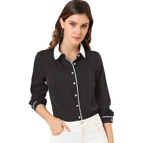 Allegra K Women's Vintage Button Down Shirt Long Sleeve Contrast Peter Pan Collar Office Work Blouse