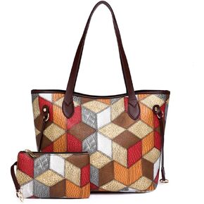 Downupdown Vintage Women Handbags and Purse Set Multicolor Patchwork Tote Bags Soft Leather Shoulder Bag Zipper Wallet 2 Pcs