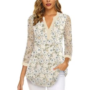 Supnier Womens Tops 3/4 Sleeve V Neck Dressy Blouses Floral Print Layers Mesh Shirts Loose Fit Tunic Tops