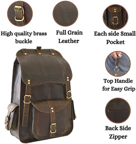 Satchel And Fable Vintage Full Grain 21 Inch Leather Laptop Large Backpack Casual Bookbag Daypack Camping Travel Rucksack Knapsack in Kuwait