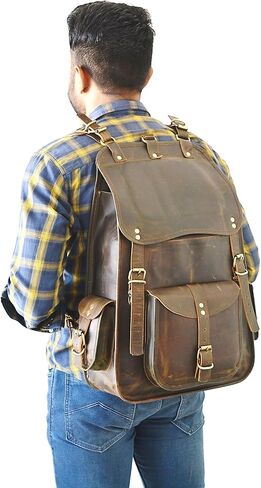 Satchel And Fable Vintage Full Grain 21 Inch Leather Laptop Large Backpack Casual Bookbag Daypack Camping Travel Rucksack Knapsack in Kuwait