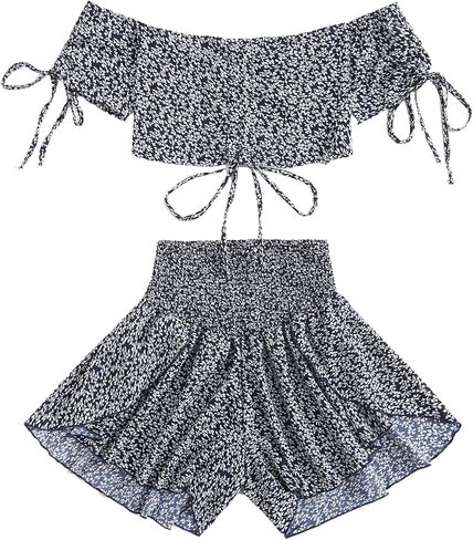 مجموعة ملابس نسائية من SheIn مكونة من قطعتين من ملابس Boho Floral مكونة من قطعتين بدون أكتاف ورباط وسروال قصير in Kuwait