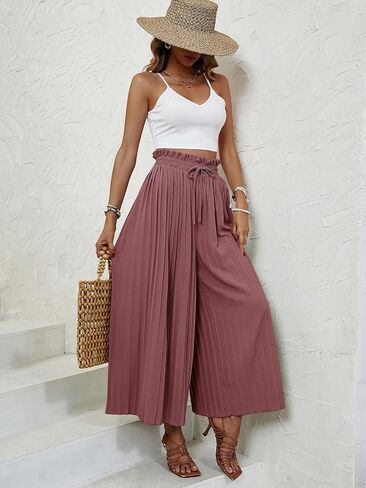 OYOANGLE Women's 2 Piece Outfits Crop Cami Top and Pleated Wide Leg Paperbag Pants Set Jumpsuit in Saudi Arabia