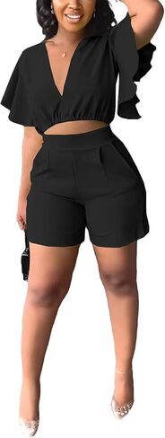AIIYYQB Womens Summer Two Piece Shorts Outfit Sexy Crop Top Butterfly Sleeve 2 pc Short Set Vacation Brunch Matching Set in Kuwait