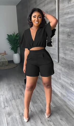 AIIYYQB Womens Summer Two Piece Shorts Outfit Sexy Crop Top Butterfly Sleeve 2 pc Short Set Vacation Brunch Matching Set in Kuwait