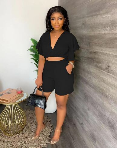 AIIYYQB Womens Summer Two Piece Shorts Outfit Sexy Crop Top Butterfly Sleeve 2 pc Short Set Vacation Brunch Matching Set in Kuwait