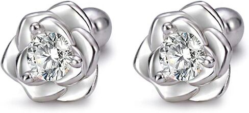 S999 Sterling Silver Small Tiny Rose Flower Stud Earrings for Women & Girls with Clear Cubic Zirconia Screw Back Hypoallergenic Fashion Jewelry in Saudi Arabia