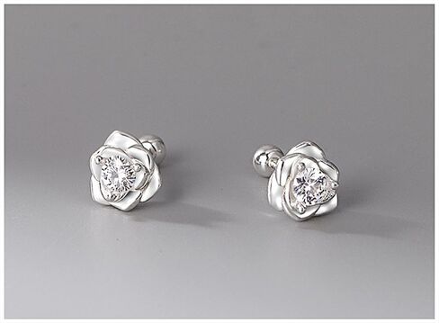 S999 Sterling Silver Small Tiny Rose Flower Stud Earrings for Women & Girls with Clear Cubic Zirconia Screw Back Hypoallergenic Fashion Jewelry in Saudi Arabia