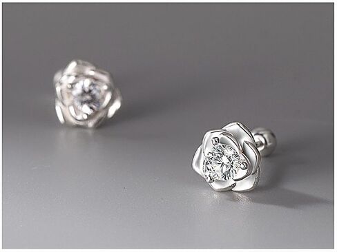 S999 Sterling Silver Small Tiny Rose Flower Stud Earrings for Women & Girls with Clear Cubic Zirconia Screw Back Hypoallergenic Fashion Jewelry in Saudi Arabia