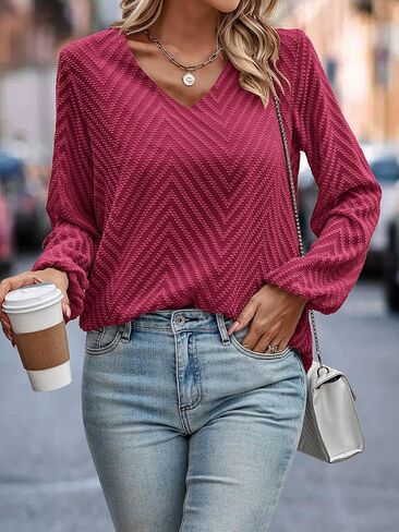 Angashion ملابس علوية نسائية بأكمام طويلة - 2023 خريف العمل قميص غير رسمي الخامس الرقبة متعرج متعرج تونك البلوزات in Kuwait