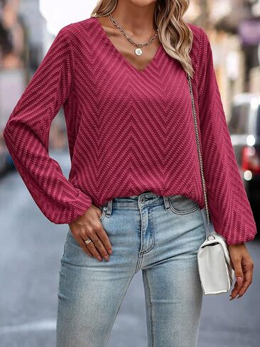 Angashion ملابس علوية نسائية بأكمام طويلة - 2023 خريف العمل قميص غير رسمي الخامس الرقبة متعرج متعرج تونك البلوزات in Kuwait