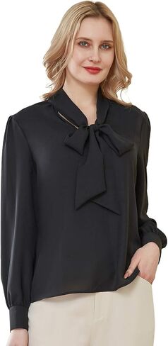 FHMLS Women's Bow Tied Neck Chiffon Blouses Casual Loose Long Sleeve Office Work Solid Tops Shirts in Saudi Arabia