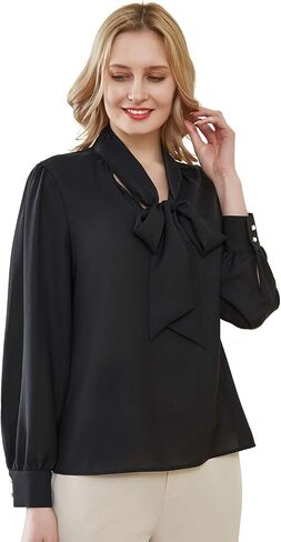 FHMLS Women's Bow Tied Neck Chiffon Blouses Casual Loose Long Sleeve Office Work Solid Tops Shirts in Saudi Arabia