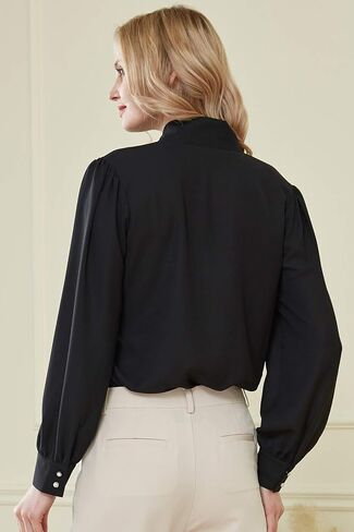FHMLS Women's Bow Tied Neck Chiffon Blouses Casual Loose Long Sleeve Office Work Solid Tops Shirts in Saudi Arabia