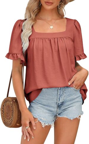 BZB Womens Summer Tops Sqaure Neck Ruffle Sleeve Blouses Babydoll Shirts 2024 S-2XL in Kuwait