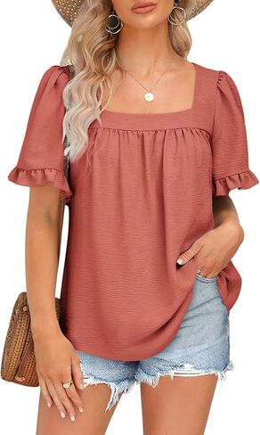 BZB Womens Summer Tops Sqaure Neck Ruffle Sleeve Blouses Babydoll Shirts 2024 S-2XL in Kuwait