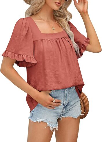 BZB Womens Summer Tops Sqaure Neck Ruffle Sleeve Blouses Babydoll Shirts 2024 S-2XL in Kuwait