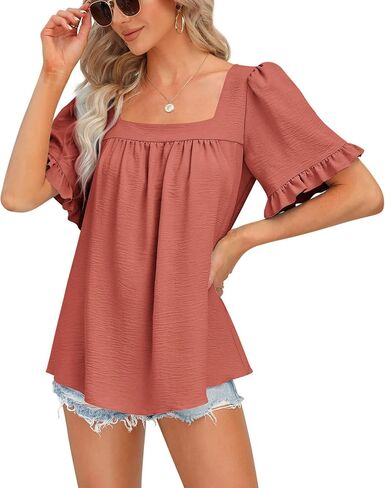 BZB Womens Summer Tops Sqaure Neck Ruffle Sleeve Blouses Babydoll Shirts 2024 S-2XL in Kuwait