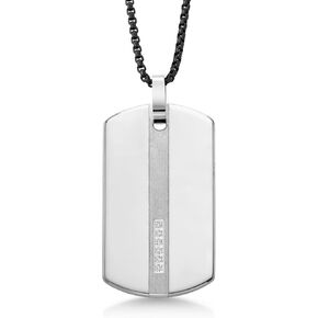 Gem Stone King Polished Shiny Silver Tungsten Carbide Dog Tag with Matte Finish Stripe and 6 Accent Black Diamonds on 24 inch Chain