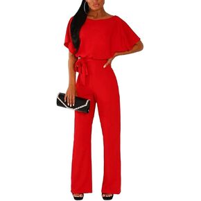 Dreamskull Womens Casual Loose Short Batwing Sleeve Belted Wide Leg Pant Romper Jumpsuits with Belt… in Kuwait
