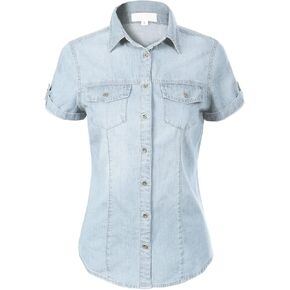 Design by Olivia Women's Cap Sleeve Button Down Denim Chambray Shirt in Saudi Arabia
