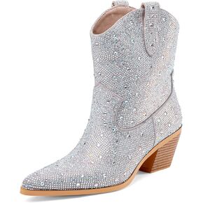 Perisis المرأة الغربية سباركلي حجر الراين كاوبوي راعية البقر حذاء من الجلد بلينغ الترتر أحذية كعب مكتنز واسعة العجل سحب على الجوارب in Kuwait