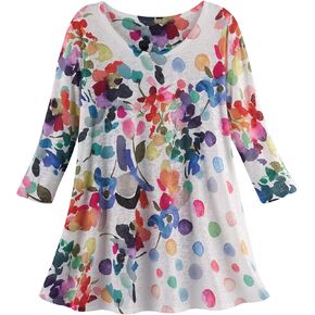 ET LOIS Women's Watercolor Floral Tunic Top - Floral Print Shirt, 3/4 Sleeve - Large Multicolor in Saudi Arabia