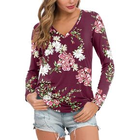 Feiersi Women's Casual T Shirt V Neck Long Sleeve Blouse Loose Tunic Tops