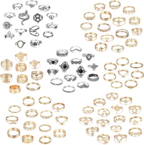 JOERICA 92Pcs Knuckle Rings Set for Women Vintage Boho Aesthetic Rings Pack Stackable Midi Joint Finger Rings Gold and Silver Tone Rings for Women Set in Saudi Arabia