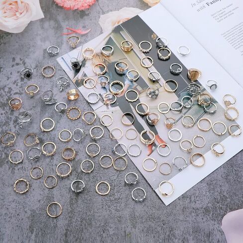 JOERICA 92Pcs Knuckle Rings Set for Women Vintage Boho Aesthetic Rings Pack Stackable Midi Joint Finger Rings Gold and Silver Tone Rings for Women Set in Saudi Arabia