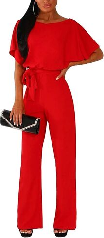 Dreamskull Womens Casual Loose Short Batwing Sleeve Belted Wide Leg Pant Romper Jumpsuits with Belt… in Kuwait