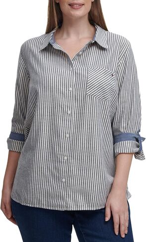 Tommy Hilfiger Women's Plus Roll Tab Top T Shirt, Sky CAPT Multi, 1X in Saudi Arabia