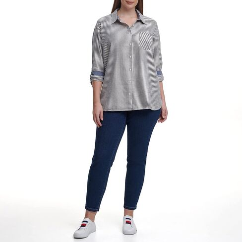 Tommy Hilfiger Women's Plus Roll Tab Top T Shirt, Sky CAPT Multi, 1X in Saudi Arabia