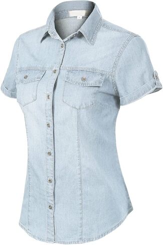Design by Olivia Women's Cap Sleeve Button Down Denim Chambray Shirt in Saudi Arabia