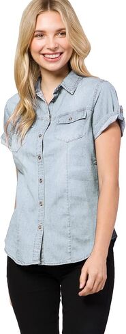 Design by Olivia Women's Cap Sleeve Button Down Denim Chambray Shirt in Saudi Arabia
