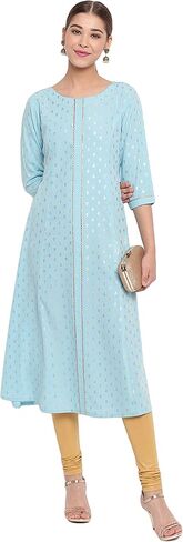 Janasya Indian Women's Turquoise A-Line Poly Crepe Kurta in Saudi Arabia