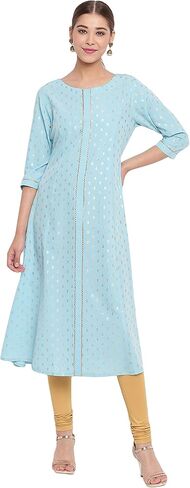 Janasya Indian Women's Turquoise A-Line Poly Crepe Kurta in Saudi Arabia