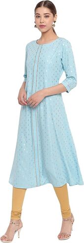 Janasya Indian Women's Turquoise A-Line Poly Crepe Kurta in Saudi Arabia