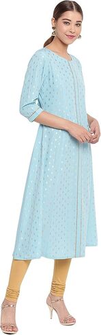 Janasya Indian Women's Turquoise A-Line Poly Crepe Kurta in Saudi Arabia