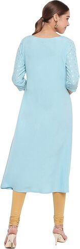 Janasya Indian Women's Turquoise A-Line Poly Crepe Kurta in Saudi Arabia