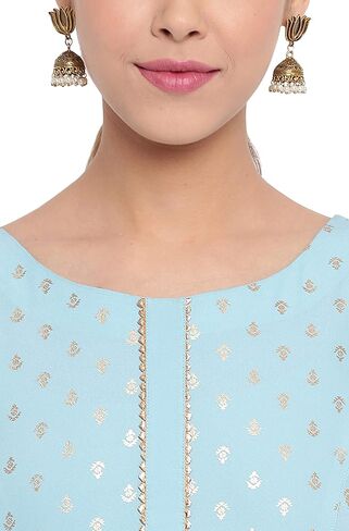 Janasya Indian Women's Turquoise A-Line Poly Crepe Kurta in Saudi Arabia