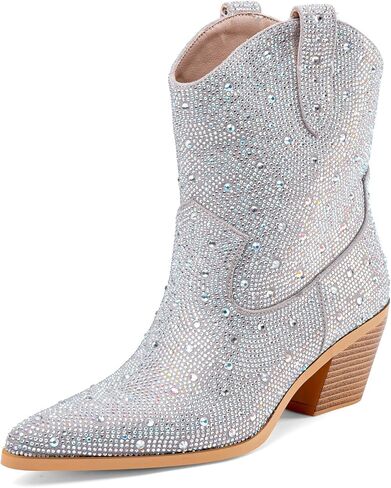 Perisis المرأة الغربية سباركلي حجر الراين كاوبوي راعية البقر حذاء من الجلد بلينغ الترتر أحذية كعب مكتنز واسعة العجل سحب على الجوارب in Kuwait