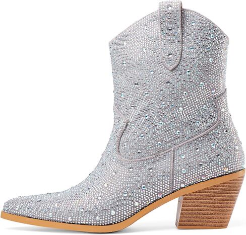 Perisis المرأة الغربية سباركلي حجر الراين كاوبوي راعية البقر حذاء من الجلد بلينغ الترتر أحذية كعب مكتنز واسعة العجل سحب على الجوارب in Kuwait