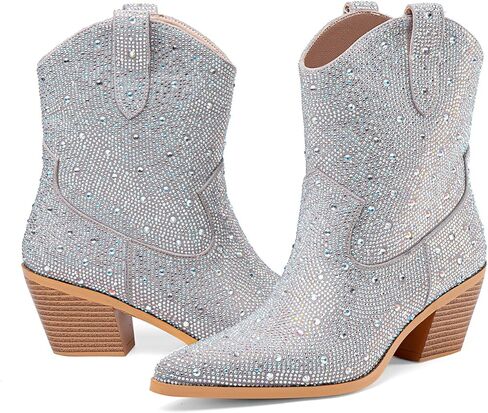 Perisis المرأة الغربية سباركلي حجر الراين كاوبوي راعية البقر حذاء من الجلد بلينغ الترتر أحذية كعب مكتنز واسعة العجل سحب على الجوارب in Kuwait