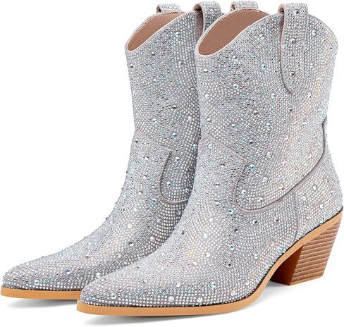 Perisis المرأة الغربية سباركلي حجر الراين كاوبوي راعية البقر حذاء من الجلد بلينغ الترتر أحذية كعب مكتنز واسعة العجل سحب على الجوارب in Kuwait